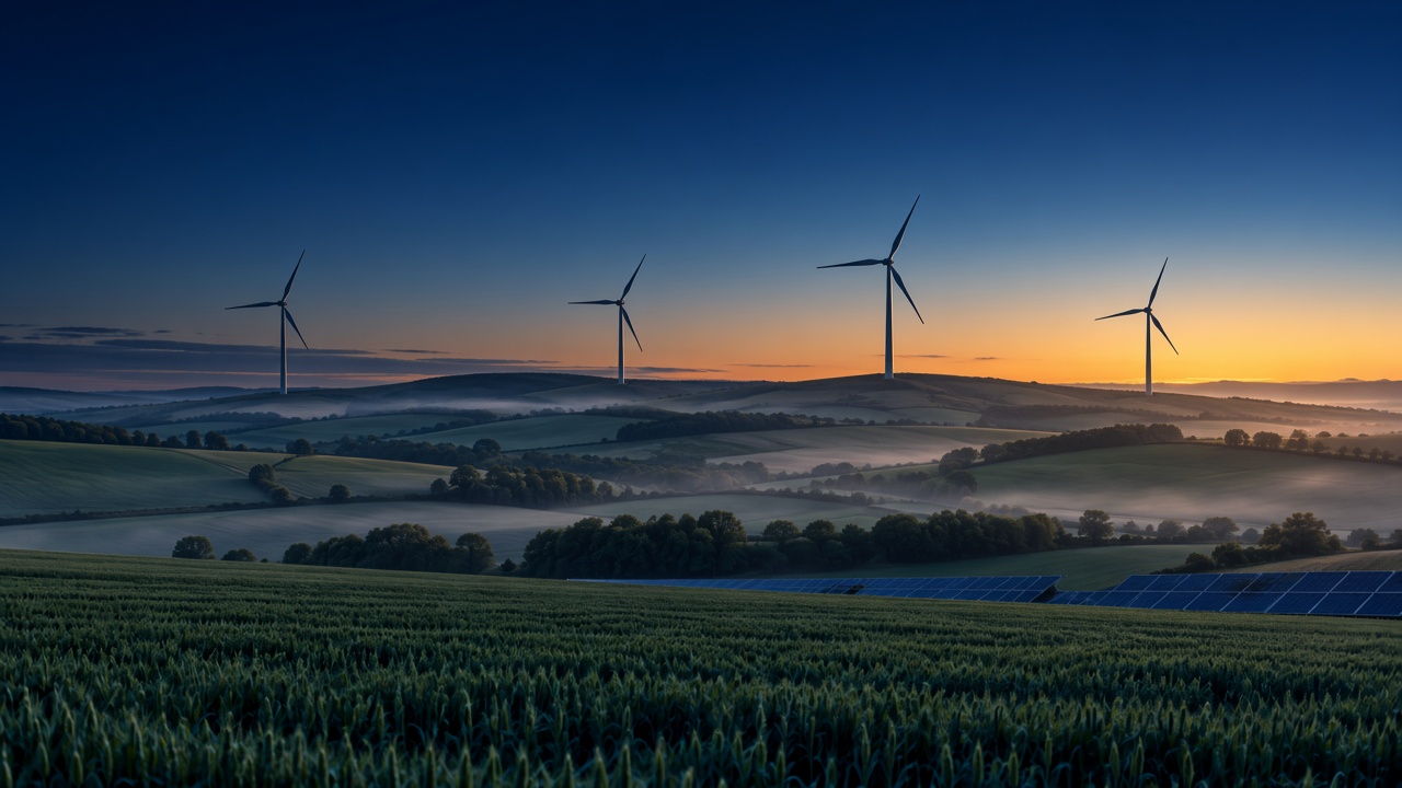Wind turbines and solar panels across farmland at dawn